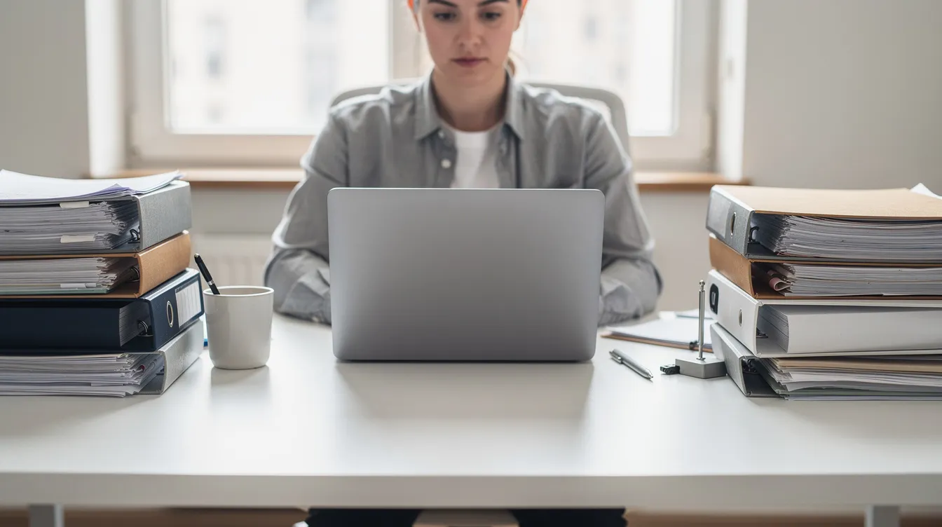 Auf dem Bild ist eine Person an einem aufgeräumten Schreibtisch zu sehen, der mit sortierten Dokumentenstapeln und einem Laptop ausgestattet ist. Die Dokumente könnten wichtige Steuerunterlagen und eine Checkliste für die Steuererklärung enthalten, die der Person helfen, einen Überblick über ihre finanziellen Aufwendungen und Belege zu behalten.