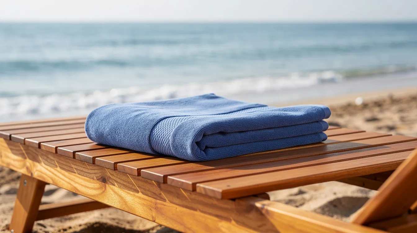 Ein zusammengefaltetes blaues Baumwollhandtuch liegt auf einer hölzernen Strandliege, während im Hintergrund das Meer sanft plätschert. Diese entspannte Szene könnte ideal für Mitglieder des Check24 Goldclubs sein, die von Vorteilen bei Reisen und Buchungen profitieren möchten.