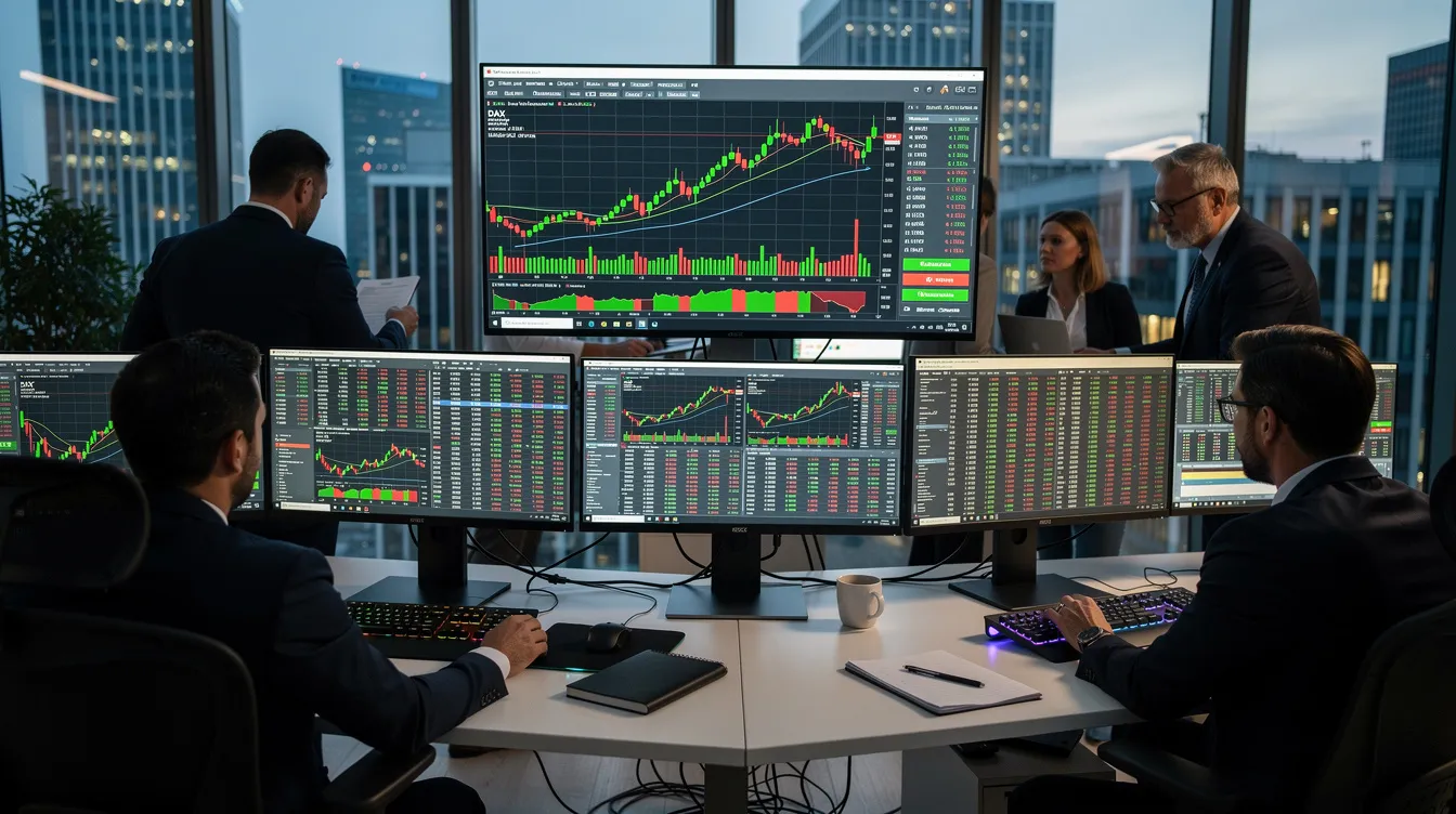 Das Bild zeigt eine Gruppe von Menschen, die aufmerksam auf mehrere Bildschirme in einem modernen Trading-Raum schauen, auf denen Chartdarstellungen von Kryptowährungen und Marktanalysen zu sehen sind. Die Atmosphäre ist konzentriert, während die Marktteilnehmer die Entwicklungen im Krypto-Markt und mögliche Chancen im bevorstehenden Bullrun analysieren.