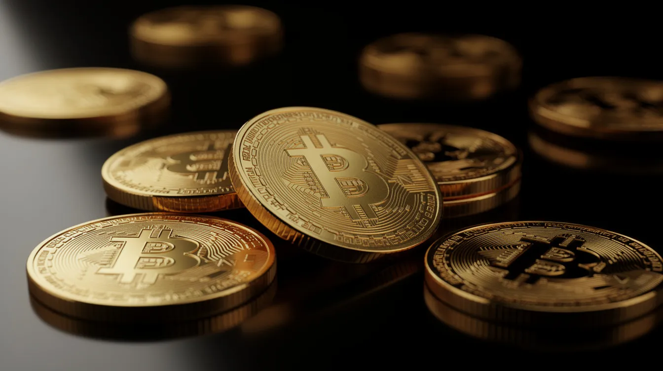 Das Bild zeigt mehrere goldene Kryptowährungs-Münzen, die auf einer dunklen, reflektierenden Oberfläche verstreut sind. Diese Münzen repräsentieren verschiedene Krypto-Assets und symbolisieren die Vielfalt im Kryptomarkt, während sie im Licht glänzen und die Aufmerksamkeit auf sich ziehen.