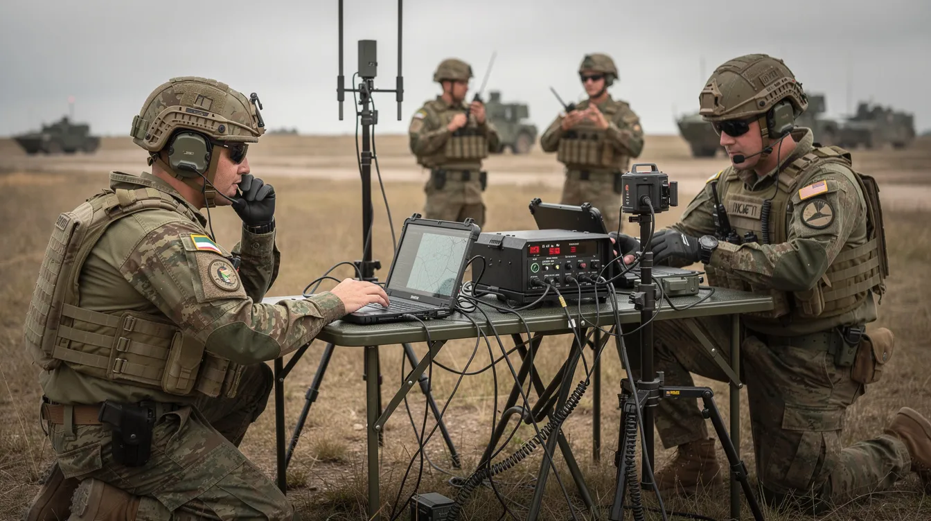 Das Bild zeigt militärisches Personal, das mit elektronischer Ausrüstung bei einem Feldversuch zur Drohnenabwehr arbeitet. Die Soldaten nutzen moderne Technologie von Droneshield, um die Effektivität ihrer Systeme zu testen und die Entwicklung von Drohnenabwehrstrategien zu verbessern.