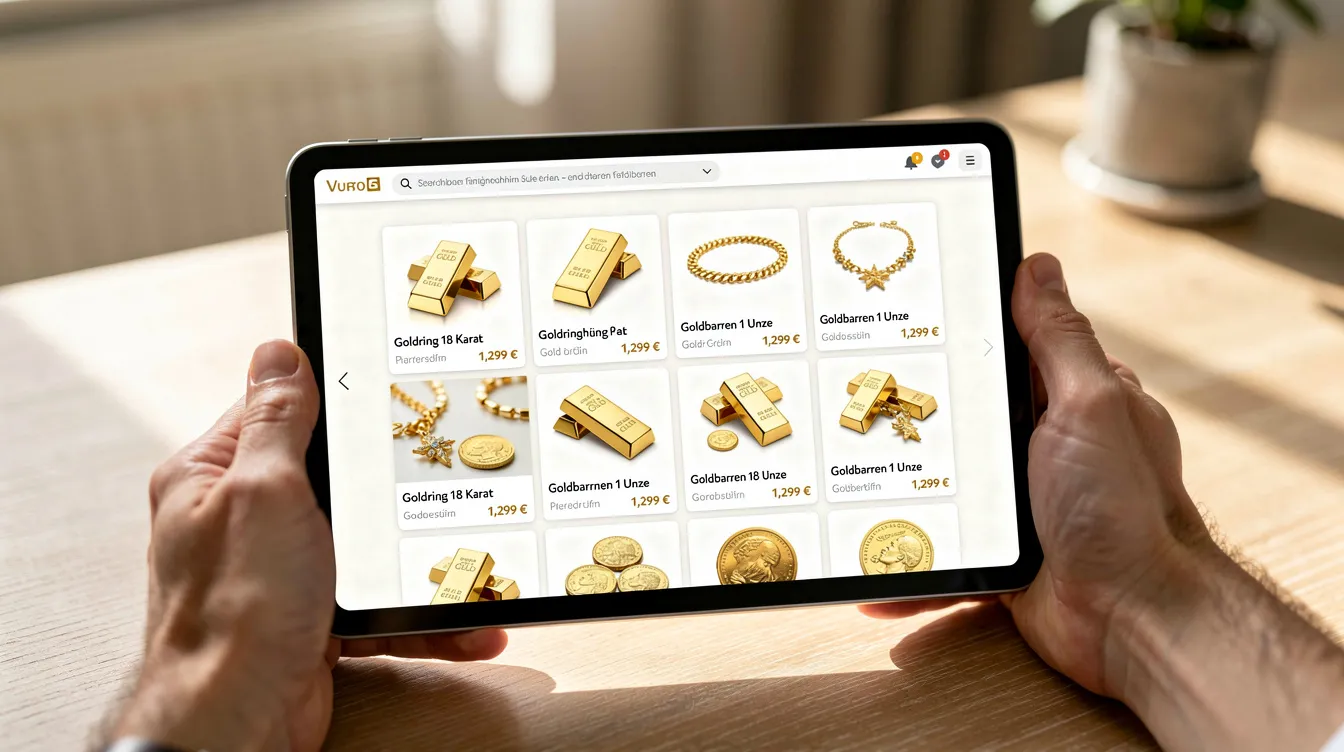 Auf dem Bild sind Hände zu sehen, die ein Tablet halten und durch einen Online-Shop für Goldprodukte stöbern. Die Benutzer suchen nach verschiedenen Edelmetallen wie Gold- und Silbermünzen sowie Barren, um bequem und sicher online zu kaufen.