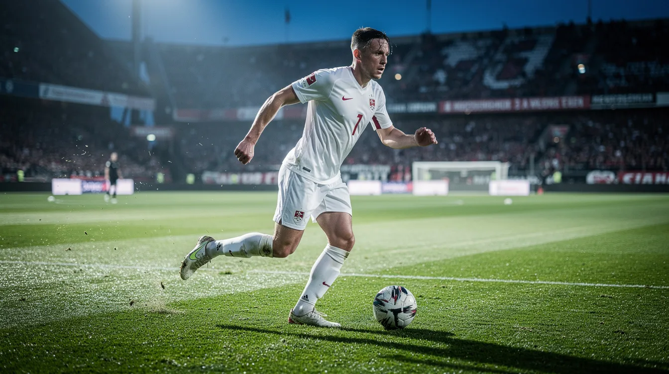 Ein Fußballspieler in einem weißen Trikot steht auf dem Rasen eines Bundesliga-Stadions, beleuchtet von der Abendbeleuchtung. Die Szene vermittelt den Eindruck eines spannenden Spiels, in dem der Spieler, möglicherweise Dennis Aogo, Teil der Fußballwelt ist.