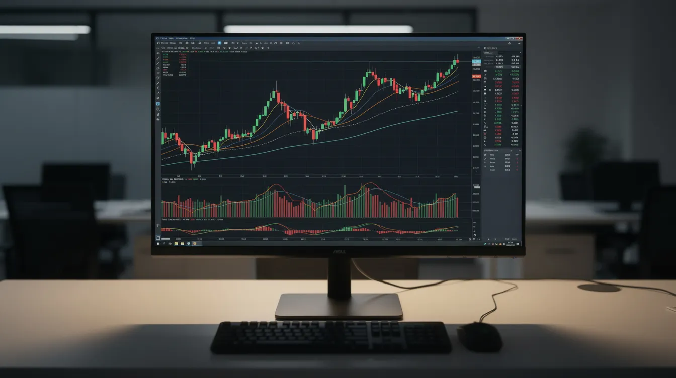Auf dem Computerbildschirm sind Kurslinien und Candlestick-Charts zu sehen, die die Kursentwicklung von Bitcoin und anderen Kryptowährungen darstellen. Das abgedunkelte Büro schafft eine konzentrierte Atmosphäre für die Analyse des Bitcoin-Kurses und seiner Schwankungen.