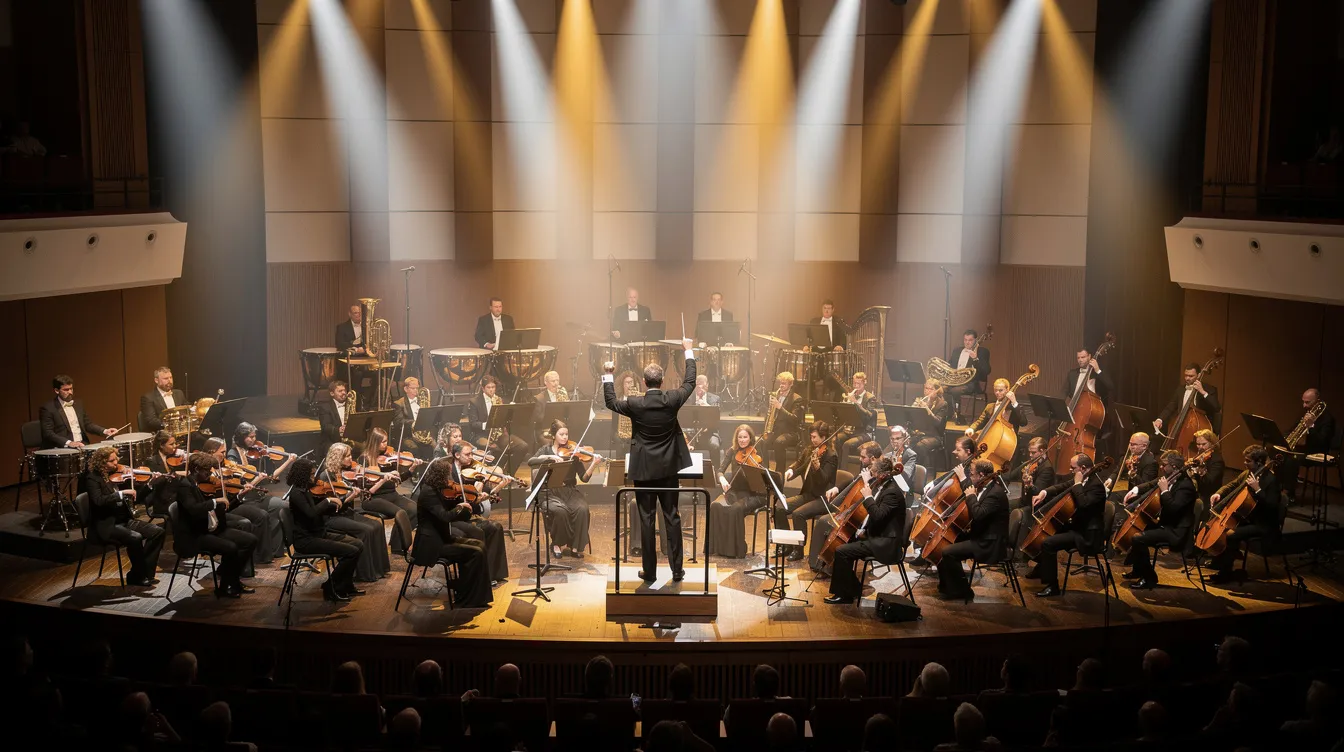 Ein großes Orchester spielt auf einer dramatisch beleuchteten Konzertbühne, während der Dirigent die Musiker anleitet. Die Spotlights erzeugen eine beeindruckende Atmosphäre, die an die epischen Filmkompositionen von Hans Zimmer erinnert, wie zum Beispiel die Musik aus "Der König der Löwen".