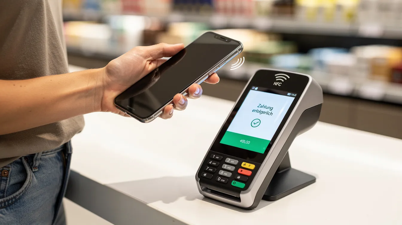 Eine Person nutzt ihr Smartphone, um kontaktlos an einem modernen Kassenterminal in einem Geschäft zu bezahlen. Die Szene zeigt die einfache und schnelle Nutzung der American Express Gold Card für alltägliche Einkäufe.