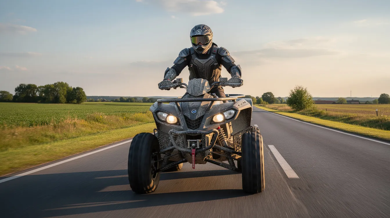 Eine Person in Schutzausrüstung fährt mit einem großen Quad auf einer asphaltierten Landstraße. Das Quad, ein All Terrain Vehicle, erreicht eine Geschwindigkeit von 45 km/h und erfordert je nach Modell einen Führerschein der Klasse B oder T.