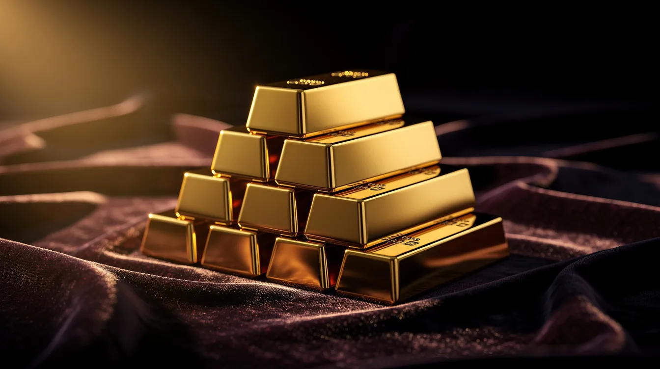 Auf der dunklen Samtoberfläche sind mehrere gestapelte Goldbarren zu sehen, die von warmem Licht beleuchtet werden. Diese 50 g Goldbarren, die für ihre hohe Reinheit und Qualität bekannt sind, repräsentieren eine wertvolle Geldanlage und Investition.