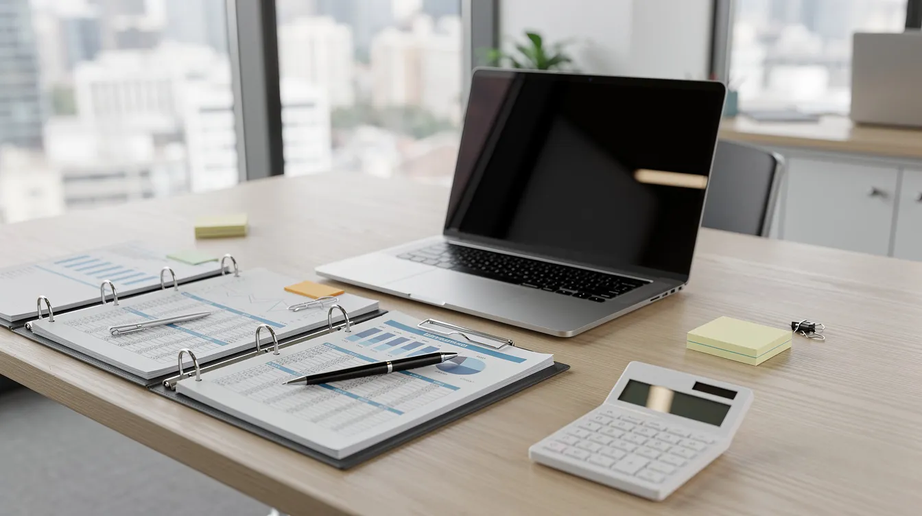 Ein moderner Schreibtisch in einem Büro, auf dem ein Laptop steht, umgeben von aufgeschlagenen Ordnern und Finanzdokumenten. Die Dokumente könnten wichtige Informationen für den Export und E-Commerce in Europa enthalten, während der Laptop möglicherweise für die Verwaltung von E-Mail-Adressen und Excel-Tabellen genutzt wird.