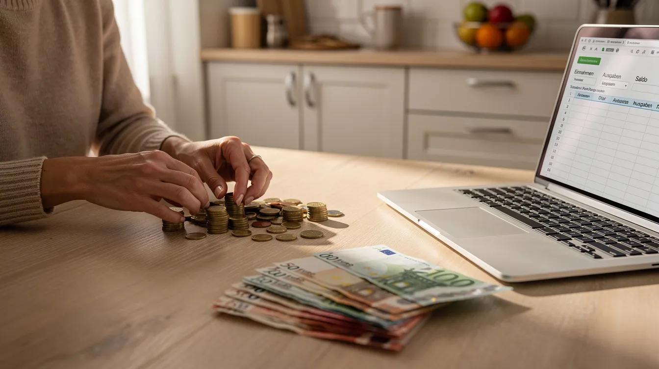 Eine Person sortiert Münzen und Geldscheine auf einem Küchentisch, während ein Laptop daneben steht. Diese Szene könnte für Menschen relevant sein, die Informationen über Minijobs und Bürgergeld suchen, um ihre Finanzen zu verwalten.