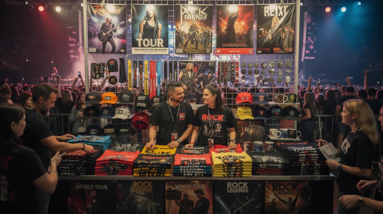 Das Bild zeigt einen bunten Merchandise-Stand bei einem Rockkonzert, der mit T-Shirts, Postern und verschiedenen Fanartikeln geschmückt ist. Diese Artikel sind eine Hommage an die Musiklegenden wie Udo Lindenberg und spiegeln die Vielfalt der Musikszene wider.