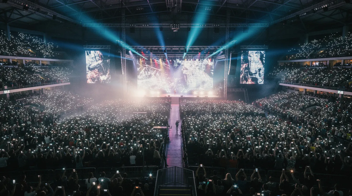 Das Bild zeigt eine überfüllte Konzertarena mit Tausenden von Fans, die begeistert ihre Lichter hochhalten, während eine große, beleuchtete Bühne im Vordergrund steht. Die Atmosphäre ist elektrisierend und erinnert an die Erfolge von Popmusikern wie Elton John und Paul McCartney.