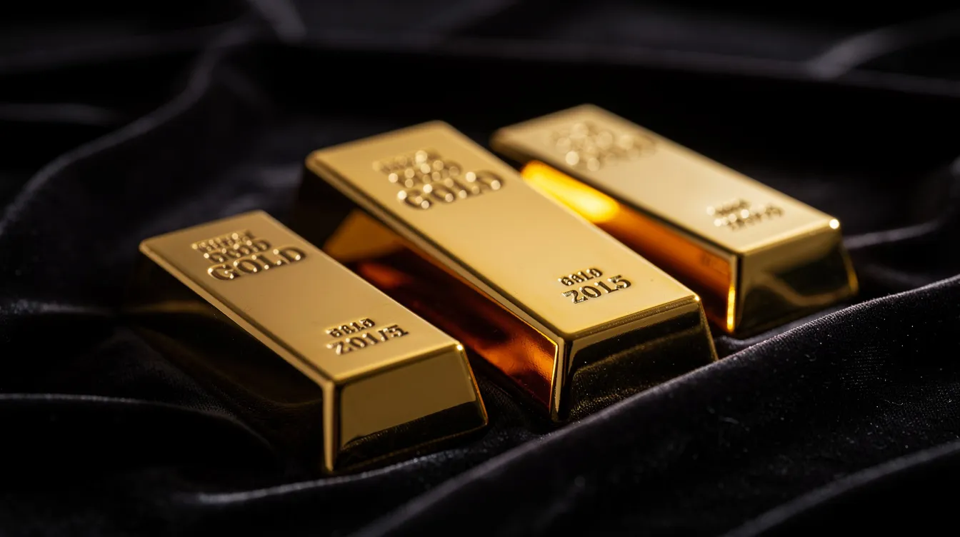 Auf einem dunklen Samt-Untergrund liegen mehrere glänzende Goldbarren unterschiedlicher Größe, die die hohe Qualität und Reinheit des Goldes zeigen. Diese Anordnung könnte als ansprechendes Angebot für Investoren und Sammler dienen, die sich für den Ankauf und Verkauf von Gold interessieren.