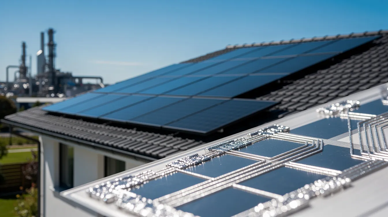 Das Bild zeigt Solarpanele auf einem Hausdach, die im Sonnenschein leuchten und die industrielle Verwendung von Silber in der Photovoltaik verdeutlichen. Diese Technologie trägt zur steigenden Nachfrage nach Silber bei, das für die Herstellung von Solarmodulen wichtig ist.