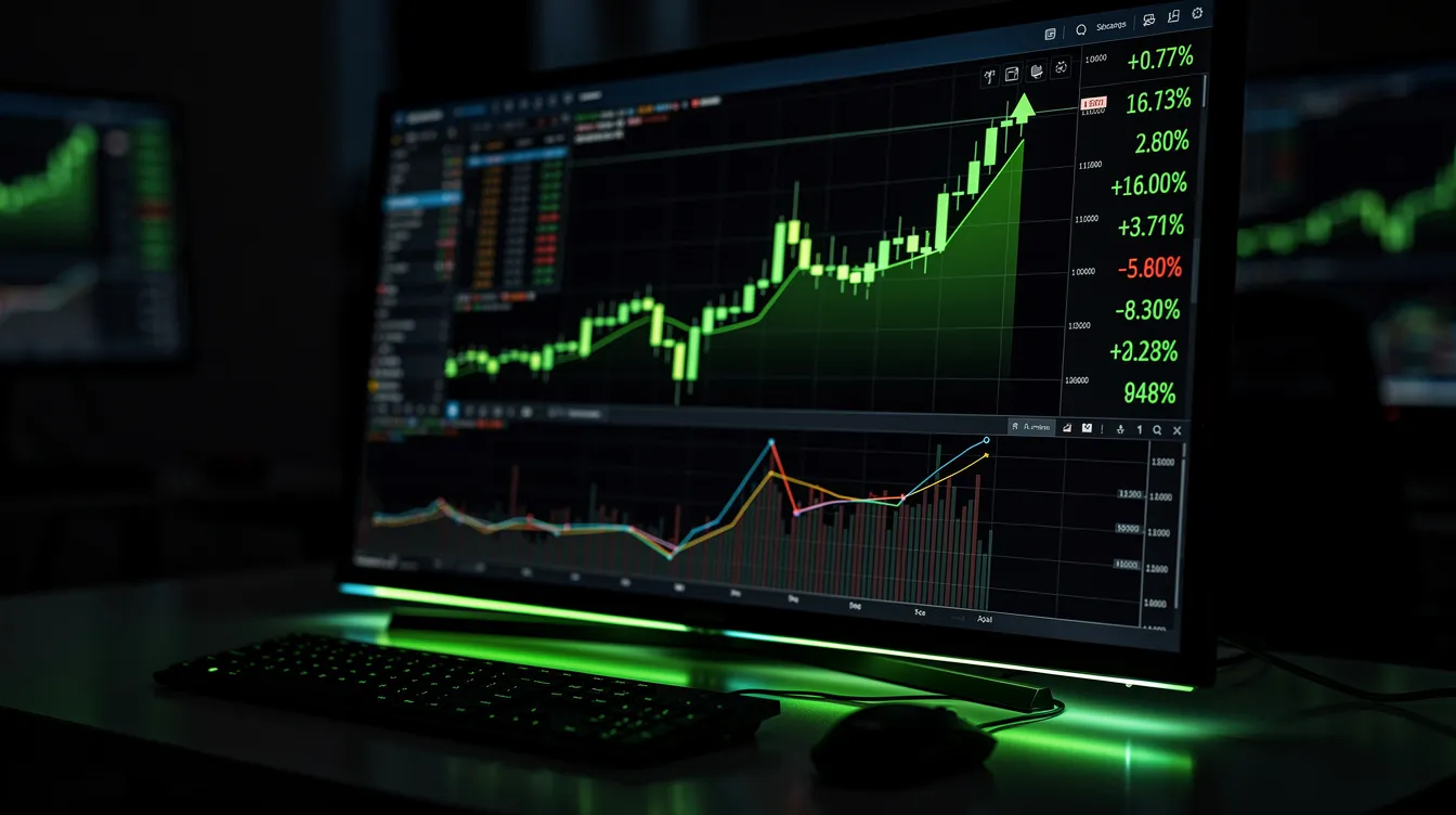 Das Bild zeigt einen leuchtenden Finanzhandelsscreen in einem dunklen Raum, auf dem grüne, nach oben tendierende Charts zu sehen sind, die das Wachstum im Krypto-Markt symbolisieren. Diese Darstellung könnte für Krypto-Investoren von Interesse sein, die die aktuellen Markttrends und Kursentwicklungen verfolgen möchten.