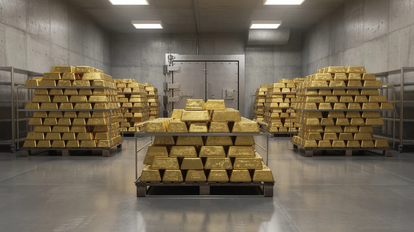 Der Tresorraum einer Zentralbank ist mit gestapelten Goldbarren gefüllt, die als sichere Anlage für Anleger dienen. Diese Goldreserven stehen im Zusammenhang mit dem Goldpreis und den Unsicherheiten auf den Finanzmärkten, insbesondere in Krisenzeiten.