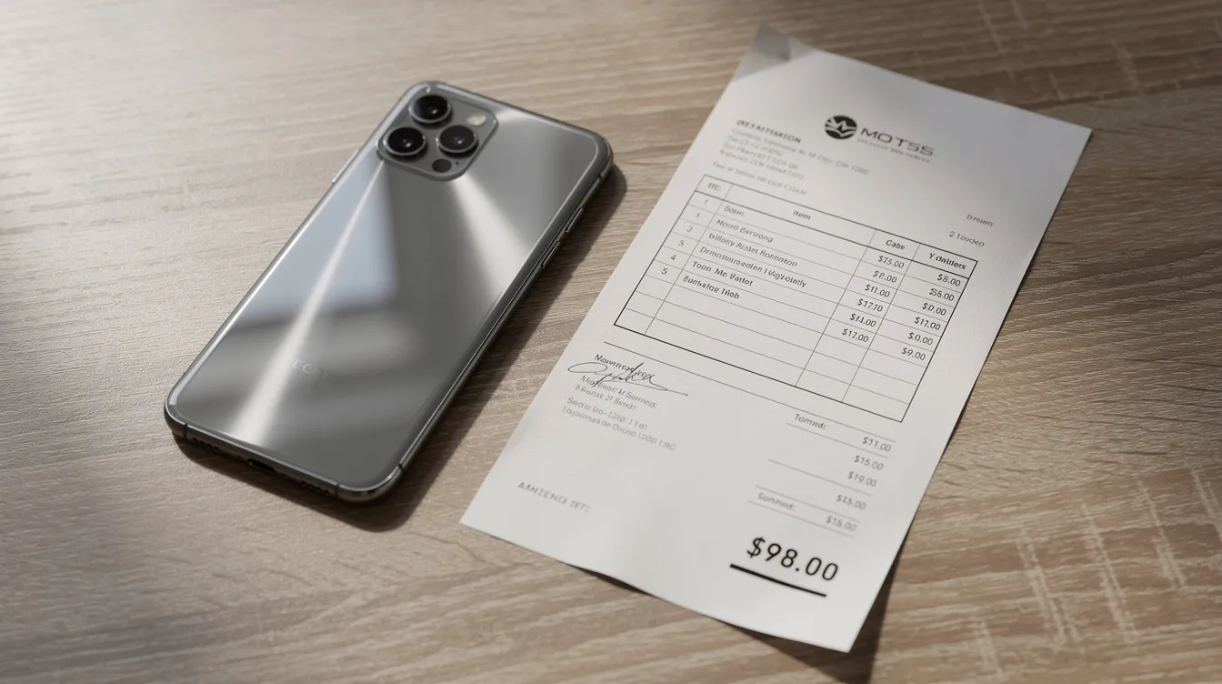 Ein Smartphone liegt auf einem Tisch und fotografiert eine Rechnung. Diese Rechnung könnte Teil der benötigten Unterlagen für die Steuererklärung sein, um einen Überblick über Aufwendungen und Belege zu erhalten.