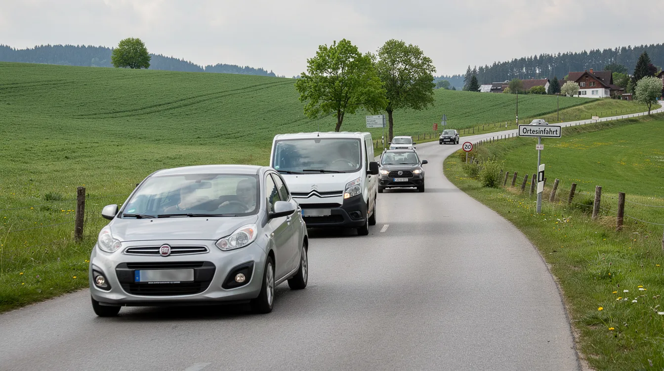 Das Bild zeigt einen ländlichen Straßenverkehr mit mehreren Fahrzeugen, die hintereinander fahren. Die Situation verdeutlicht die Bedeutung der Geschwindigkeit beim Überholvorgang und die Einhaltung der Verkehrsregeln, um die Sicherheit auf der Straße zu gewährleisten.
