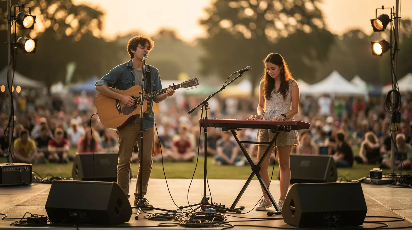 Zwei junge Musiker, die Zwillingsbrüder Bill und Tom Kaulitz, stehen auf einer kleinen Bühne bei einem Open-Air-Auftritt und spielen leidenschaftlich ihre Musik. Umgeben von begeisterten Fans strahlen sie als Teil der bekannten Band Tokio Hotel.