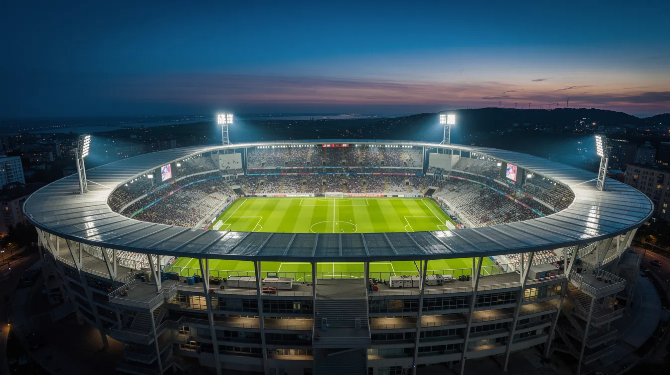 Ein weiter Blick über ein großes Fußballstadion im Abendlicht zeigt den grünen Rasen, der für spannende Spiele bereit ist. Die Atmosphäre ist lebhaft und erinnert an die Karrieren großer Spieler wie Mario Basler und die Erfolge in der Bundesliga.