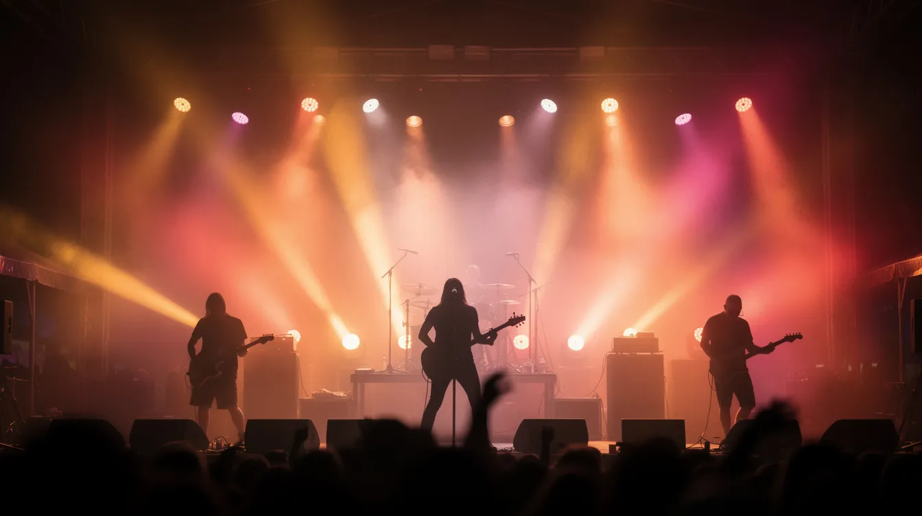 Die bunte Konzertbühne ist mit warmen Scheinwerfern beleuchtet, während die Silhouetten von Musikern im Gegenlicht sichtbar sind. Diese lebendige Szene erinnert an die Energie und den Reichtum der Musik von ABBA, einer Kultband, die Generationen begeistert hat.