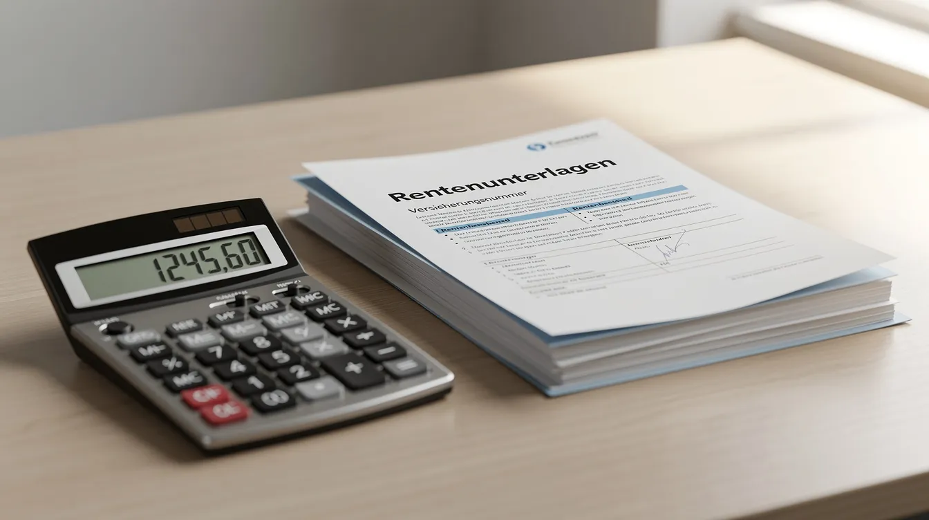 Auf dem Schreibtisch liegt ein Stapel von Rentenunterlagen, neben dem ein Taschenrechner steht. Die Unterlagen enthalten Informationen zur Grundrente, zu Rentenzuschlägen und den Anspruch auf die Grundrente, die für viele Rentnerinnen und Rentner von Bedeutung sind.