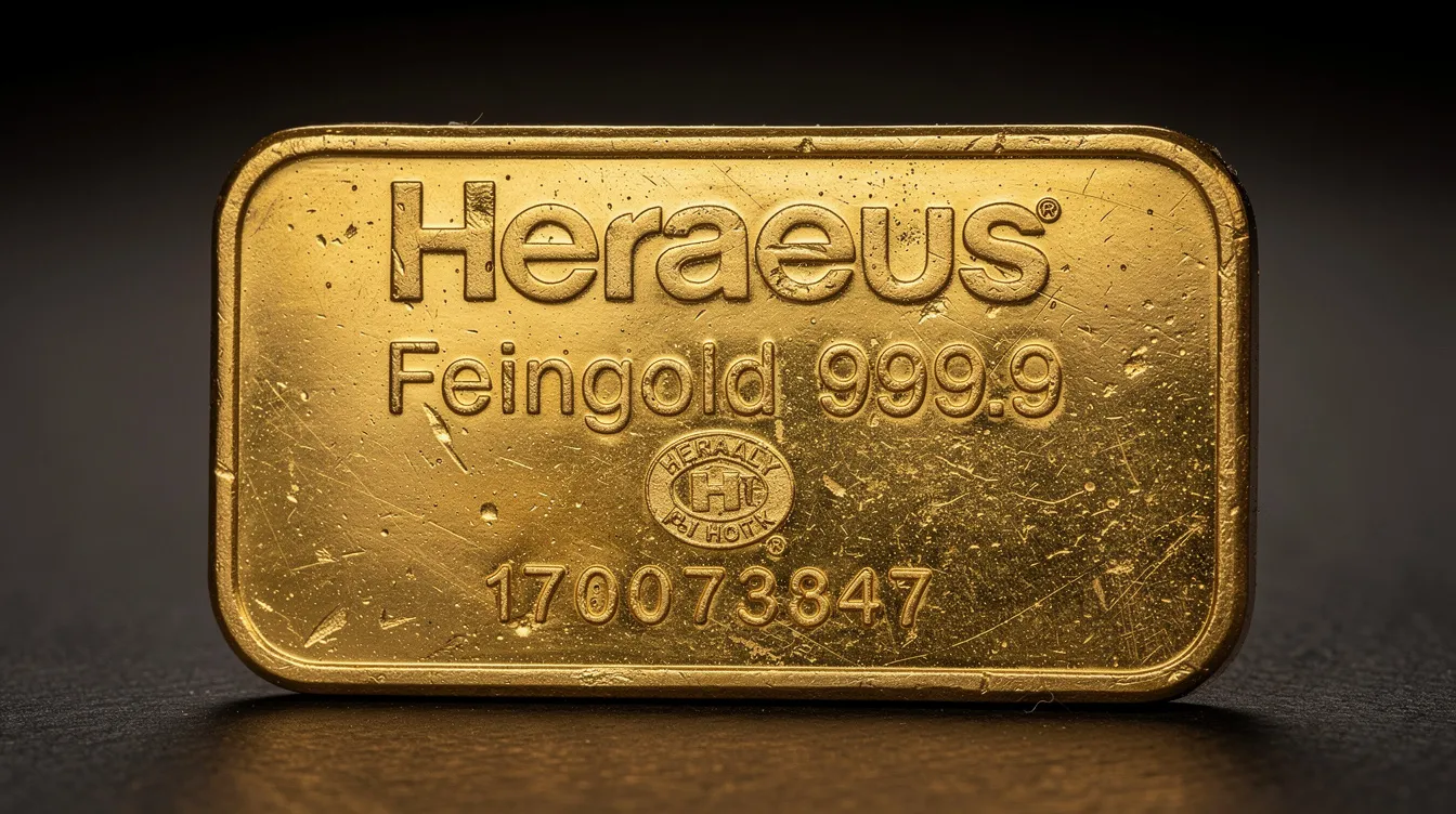 Die Nahaufnahme zeigt einen geprägten Heraeus Goldbarren mit gut sichtbarer Seriennummer und Prägung, der die hohe Qualität und Reinheit des Edelmetalls betont. Der Goldbarren von Heraeus ist ein Symbol für Wert und Tradition im Bereich der Edelmetalle.