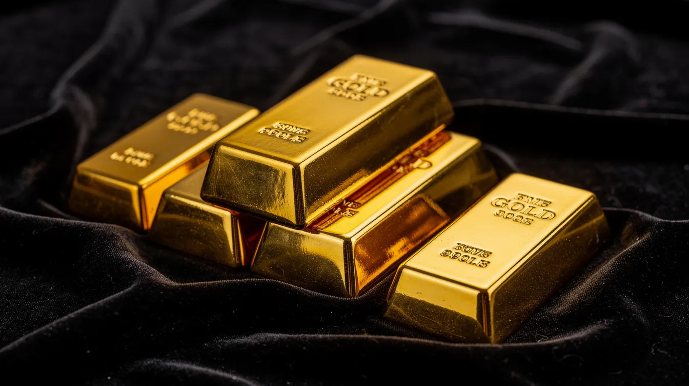 Auf einem dunklen Samtuntergrund liegen mehrere glänzende Goldbarren verschiedener Größen, darunter auch Degussa Goldbarren, die den Wert und die Qualität von Edelmetallen symbolisieren. Die Barren strahlen in ihrem feingoldenen Glanz und zeigen die Vielfalt der Produkte im Goldankauf.