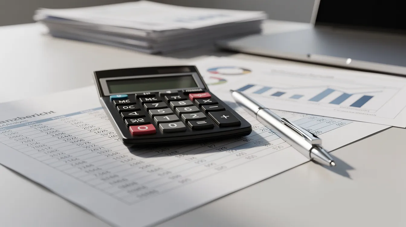 Auf dem Schreibtisch liegen ein Taschenrechner und ein Stift neben Finanzdokumenten, die Informationen zur betrieblichen Altersversorgung und den Steuervorteilen einer Direktversicherung enthalten. Diese Materialien unterstützen Arbeitnehmer und Arbeitgeber dabei, einen Überblick über Beiträge und mögliche Auszahlungen im Rahmen der Altersvorsorge zu behalten.