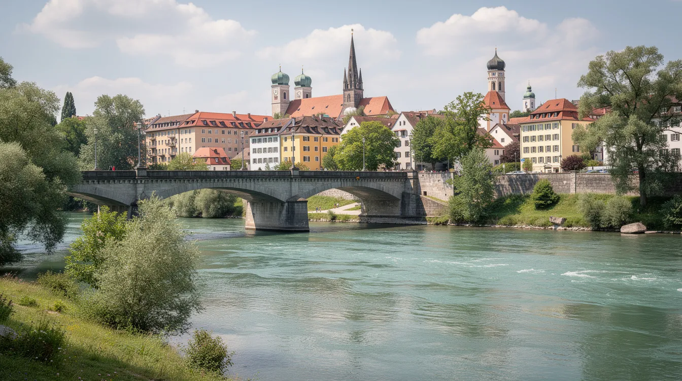 Das Bild zeigt einen Blick auf die Isar in München, mit einer Brücke, die den Fluss überspannt, und dem Stadtteil Au im Hintergrund. Die lebendige Szenerie umfasst Wasser, Grünflächen und die städtische Architektur, die typisch für München ist.