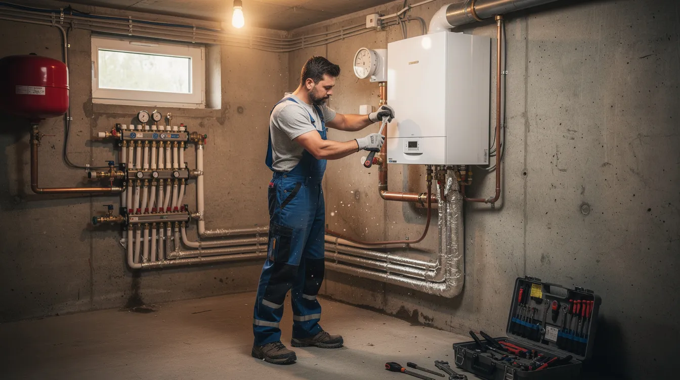 Ein Techniker in Arbeitskleidung arbeitet an einer Heizungsanlage in einem Keller, um Wartungsarbeiten durchzuführen. Diese Tätigkeiten können für Mieter wichtig sein, da sie möglicherweise Kosten für die Heizungswartung in der Nebenkostenabrechnung oder Steuererklärung angeben können.