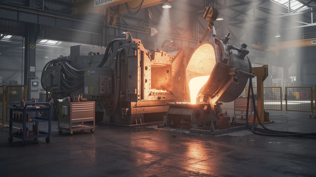 Die industrielle Aluminium-Druckgussmaschine in einer Fabrikhalle zeigt glühendes Metall, das in Form gegossen wird. Umgeben von Mitarbeitern, die an der Produktion von Aluminium-Druckgussteilen arbeiten, verkörpert die Szene die moderne Fertigungstechnik der zi aluminium druckguss gmbh.