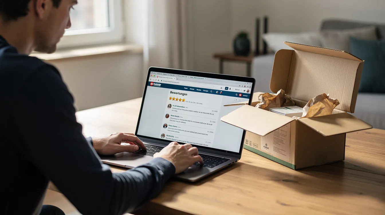 Eine Person sitzt an einem Laptop und liest Online-Bewertungen zu Produkten, während neben ihr ein geöffnetes Paket steht. Dies könnte Teil des Einkaufsprozesses für ein E-Commerce-Unternehmen wie wmk trading gmbh sein, das eine Vielzahl von Artikeln anbietet.