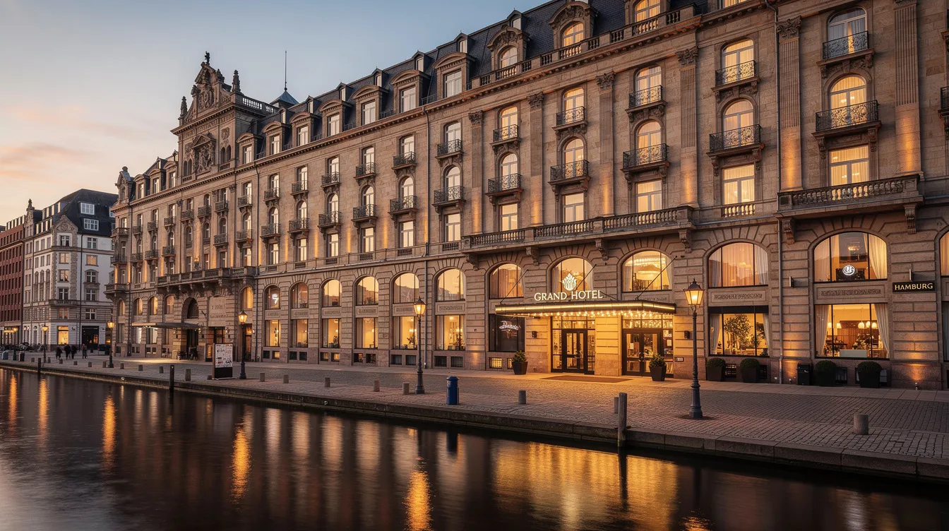 Das Bild zeigt die beeindruckende Fassade eines historischen Grand Hotels am Ufer Hamburgs, beleuchtet vom warmen Abendlicht. Die Architektur strahlt Eleganz aus und erinnert an die glanzvolle Vergangenheit, während die Szenerie eine ruhige Atmosphäre schafft, die perfekt zu einem Abend in der Musikstadt Hamburg passt.