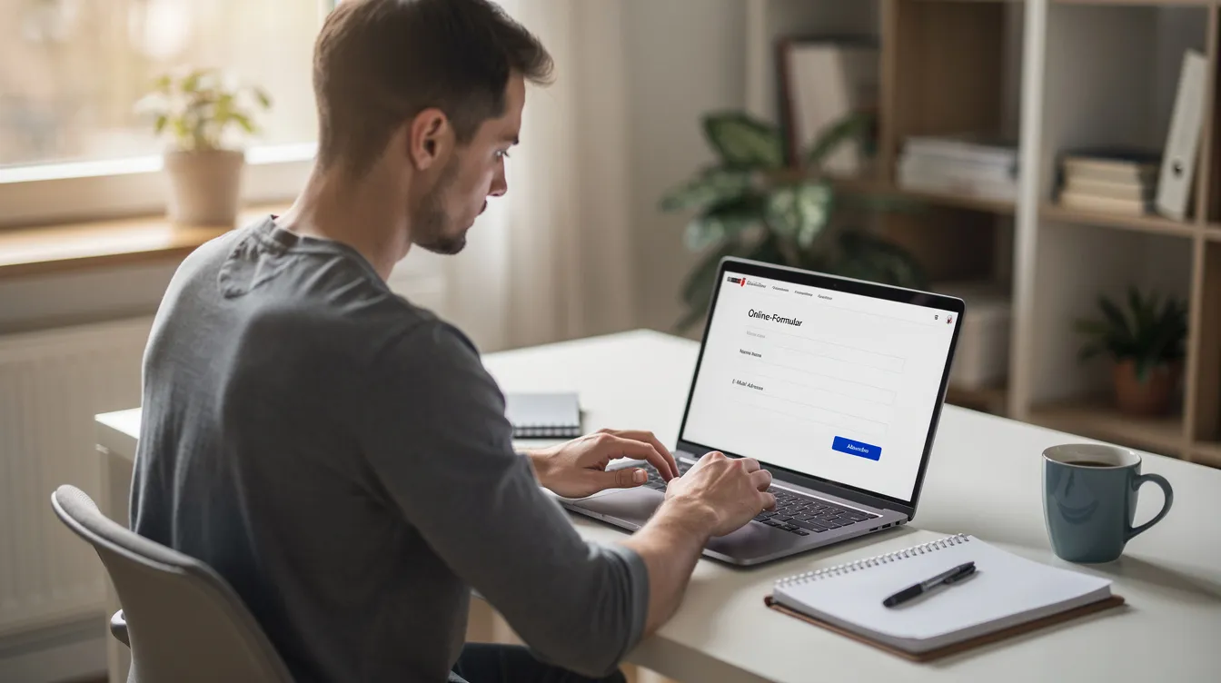 Auf dem Bild ist eine Person zu sehen, die konzentriert an einem Laptop sitzt und ein Online-Formular ausfüllt, möglicherweise um einen Antrag auf Bürgergeld zu stellen. Die Umgebung wirkt modern und gut beleuchtet, was auf eine angenehme Arbeitsatmosphäre hinweist.