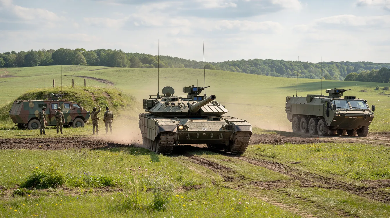 Das Bild zeigt moderne Militärfahrzeuge, die auf einem Übungsgelände inmitten einer grünen Landschaft stehen. Im Hintergrund sind Bäume und Hügel zu sehen, während die Fahrzeuge bereit zur Durchführung von Manövern sind, was auf die fortschrittliche Technologie der Renk Group hinweist.