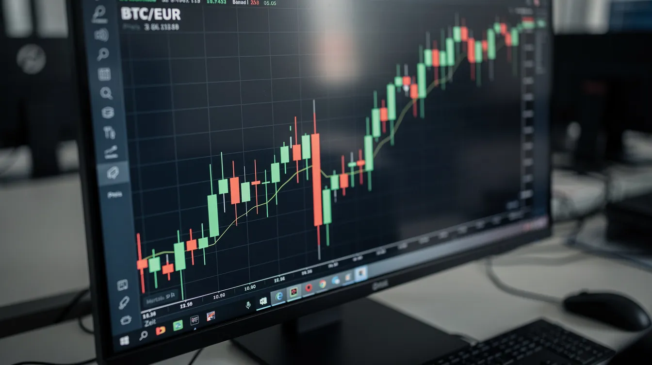 Das Bild zeigt einen Bildschirm mit einem Candlestick-Chart, der die Kursentwicklung von Bitcoin darstellt. Die grünen und roten Kerzen symbolisieren die Kursbewegungen auf dem Kryptomarkt und geben Anlegern einen visuellen Überblick über die Preisbewegungen von Bitcoin und anderen Kryptowährungen.