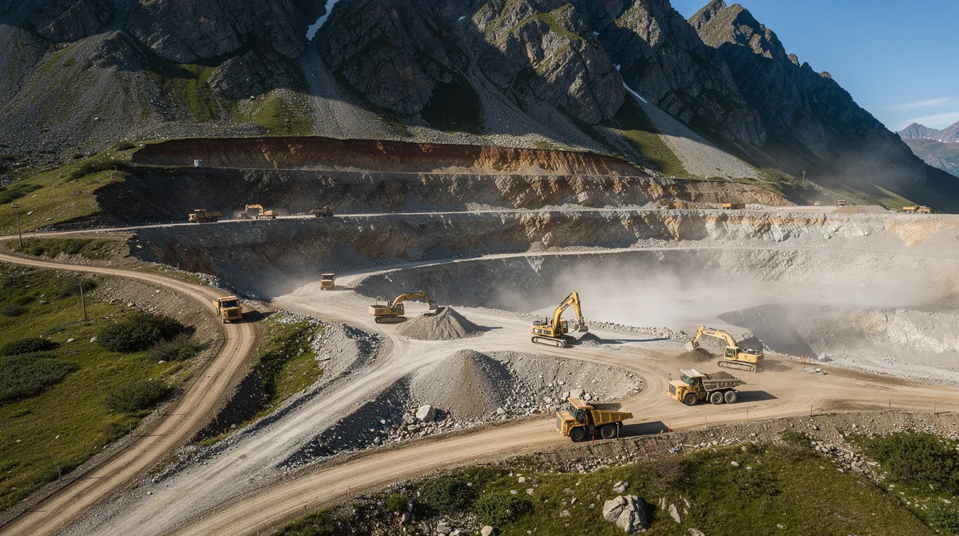 Die offene Minengrube liegt in einer bergigen Landschaft und zeigt Baumaschinen, die aktiv am Arbeiten sind, um Rohstoffe wie Lithium abzubauen. Diese Szene könnte für Investoren von Interesse sein, die sich für die American Lithium Aktie und deren Projekte in der Branche interessieren.