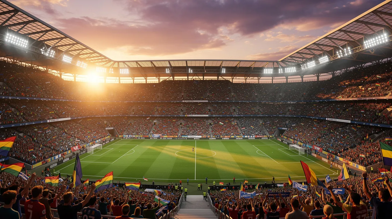 Das Bild zeigt ein Panorama eines großen Fußballstadions bei Sonnenuntergang, mit gefüllten Rängen, die die Atmosphäre eines spannenden Spiels widerspiegeln. Im Vordergrund könnte man sich die Namen von Stars wie Arda Güler und Cristiano Ronaldo vorstellen, während die Fans auf die nächsten aufregenden Spiele warten.