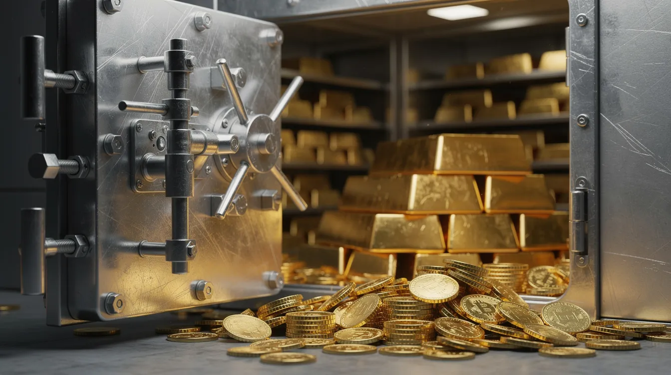 Im offenen Tresor liegen goldene Münzen und 50 g Goldbarren, die die Reinheit und Qualität des Edelmetalls zeigen. Die Metalltür des Tresors vermittelt ein Gefühl von Sicherheit und Vertrauen für Anleger, die in Gold als wertvolle Geldanlage investieren möchten.
