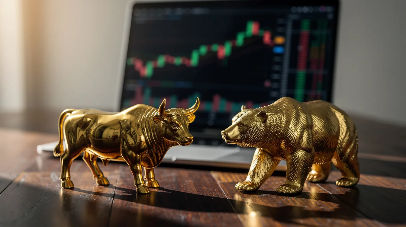 Auf dem Holztisch stehen goldene Bullen- und Bärenfiguren, die symbolisch für den Krypto-Markt stehen, neben einem Laptop, der Charts für den Margin Handel und Leverage Trading anzeigt. Diese Szene vermittelt die Dynamik des Krypto Tradings, während sie die Risiken und Chancen des Handels mit Hebelprodukten verdeutlicht.