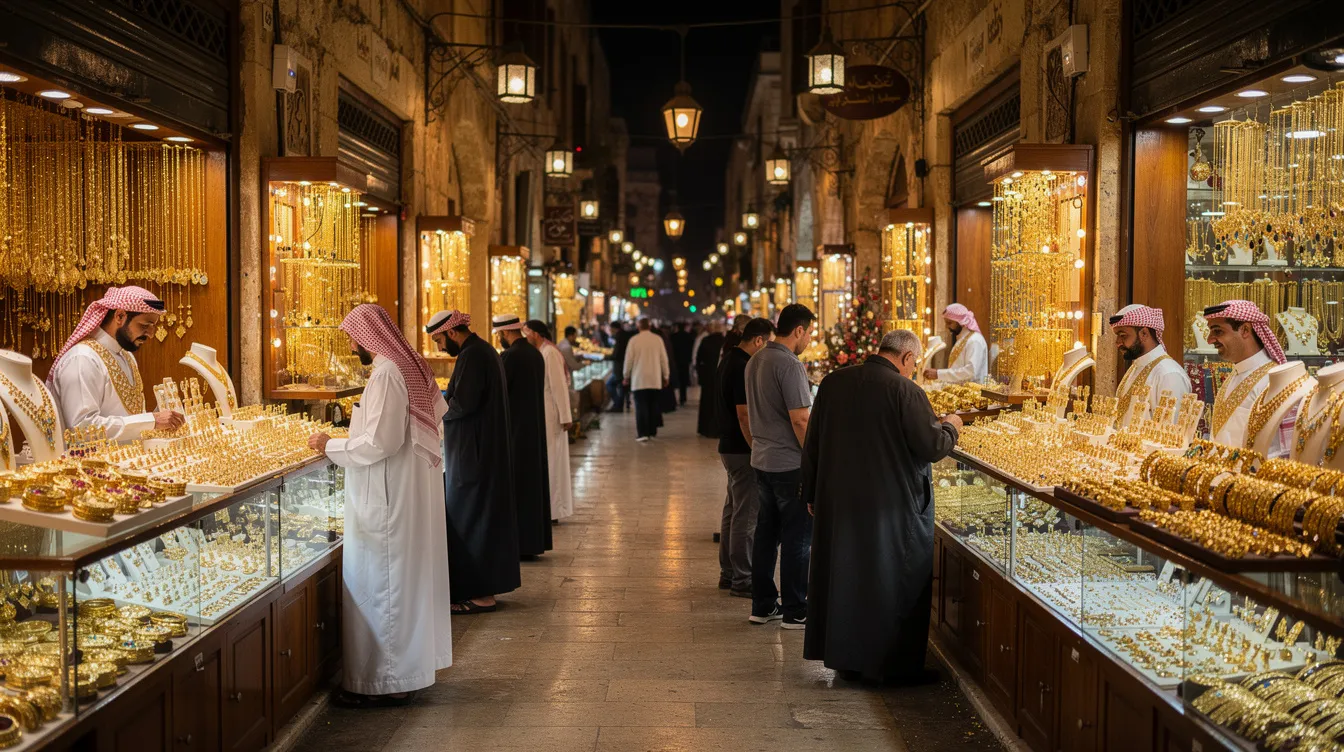 Der belebte arabische Gold-Souk zeigt hell beleuchtete Auslagen, die mit funkelndem Goldschmuck gefüllt sind, darunter auch 21 karat Goldstücke. Die Atmosphäre ist lebhaft, während Kunden die Vielfalt der Schmuckstücke und deren Preisvergleiche erkunden.