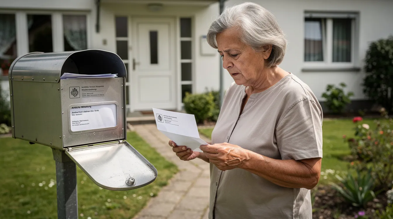 Eine ältere Person steht vor ihrem Haus und öffnet einen offiziellen Brief, der aus dem Briefkasten entnommen wurde. Der Brief könnte Informationen zum Rentenservice der Deutschen Post AG oder zur Rentenzahlung enthalten.