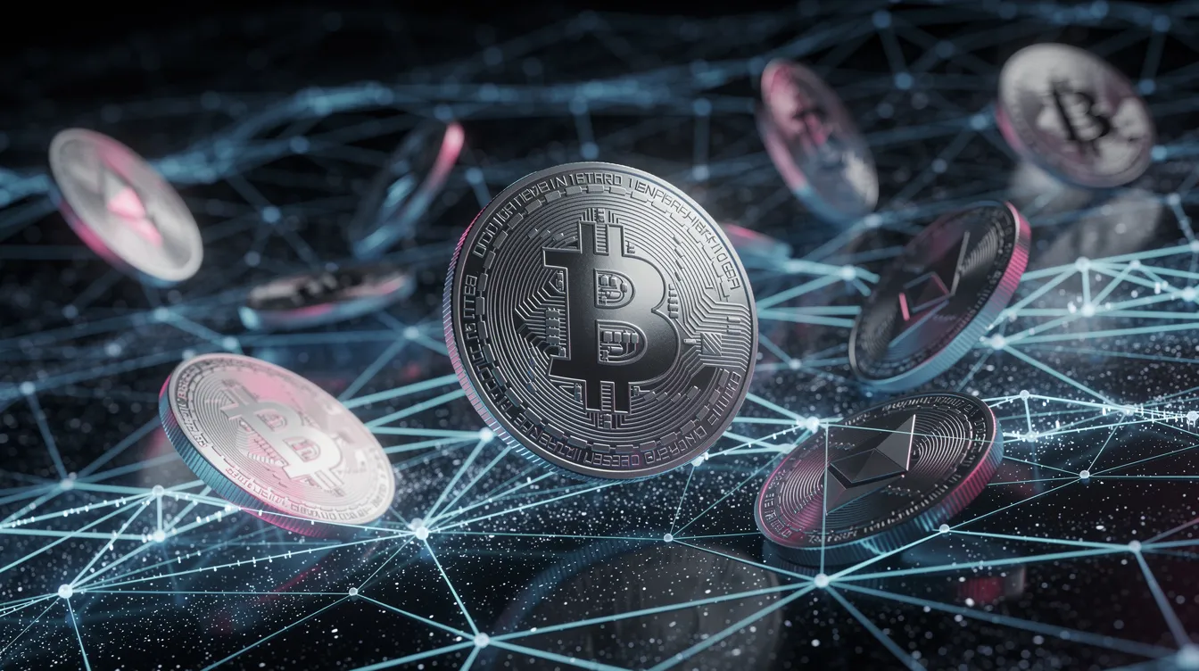 Die digitale Darstellung zeigt eine Vielzahl von Kryptowährungs-Coins, darunter XRP, auf einem leuchtenden Netzwerk-Hintergrund. Diese visuelle Komposition vermittelt die Dynamik und den Wert von Kryptos in Echtzeit, während sie die Verbindungen zwischen verschiedenen Währungen und Märkten, wie dem polnischen Zloty (PLN), hervorhebt.