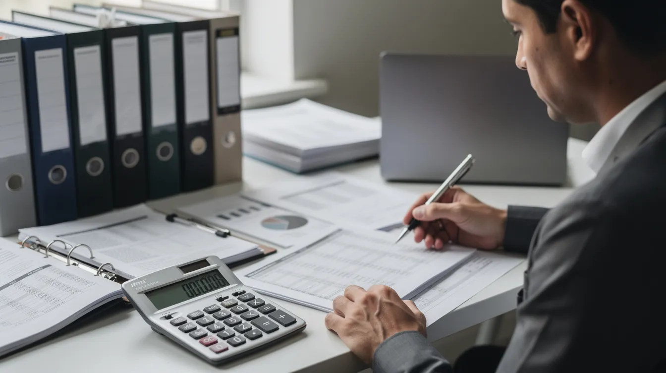 Eine Person sitzt an einem Schreibtisch und überprüft Finanzdokumente, während sie einen Taschenrechner benutzt und mehrere Ordner um sich herum hat. Die Szene vermittelt den Eindruck von sorgfältiger Planung und Analyse, möglicherweise im Zusammenhang mit der Riester Rente und den damit verbundenen Verträgen und Zulagen.