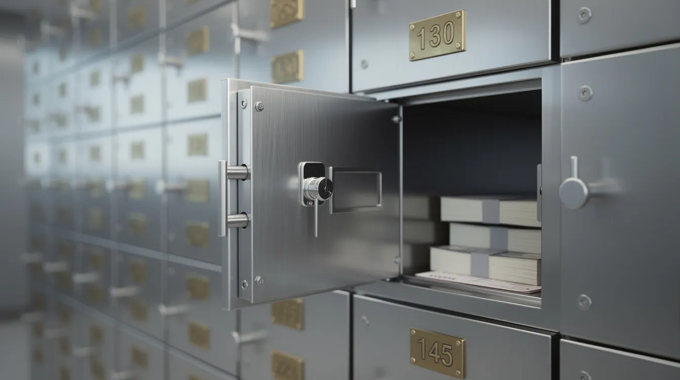 Das Bild zeigt ein geöffnetes Bankschließfach in einem Tresorraum, das metallische Fächer mit verschiedenen Werten wie Goldbarren und Silbermünzen enthält. Die sichere Aufbewahrung von Edelmetallen wie Gold und Silber wird hier durch die robuste Umgebung der Bank symbolisiert.