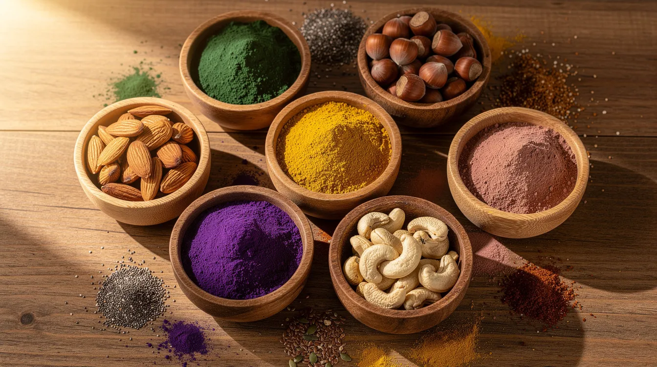 Auf dem Tisch sind verschiedene bunte Superfood-Pulver, Nüsse und Saaten in eleganten Holzschalen arrangiert. Diese gesunden Lebensmittelzusätze bieten eine Vielzahl an Nährstoffen und Aromen, die ideal für eine ausgewogene Ernährung sind.