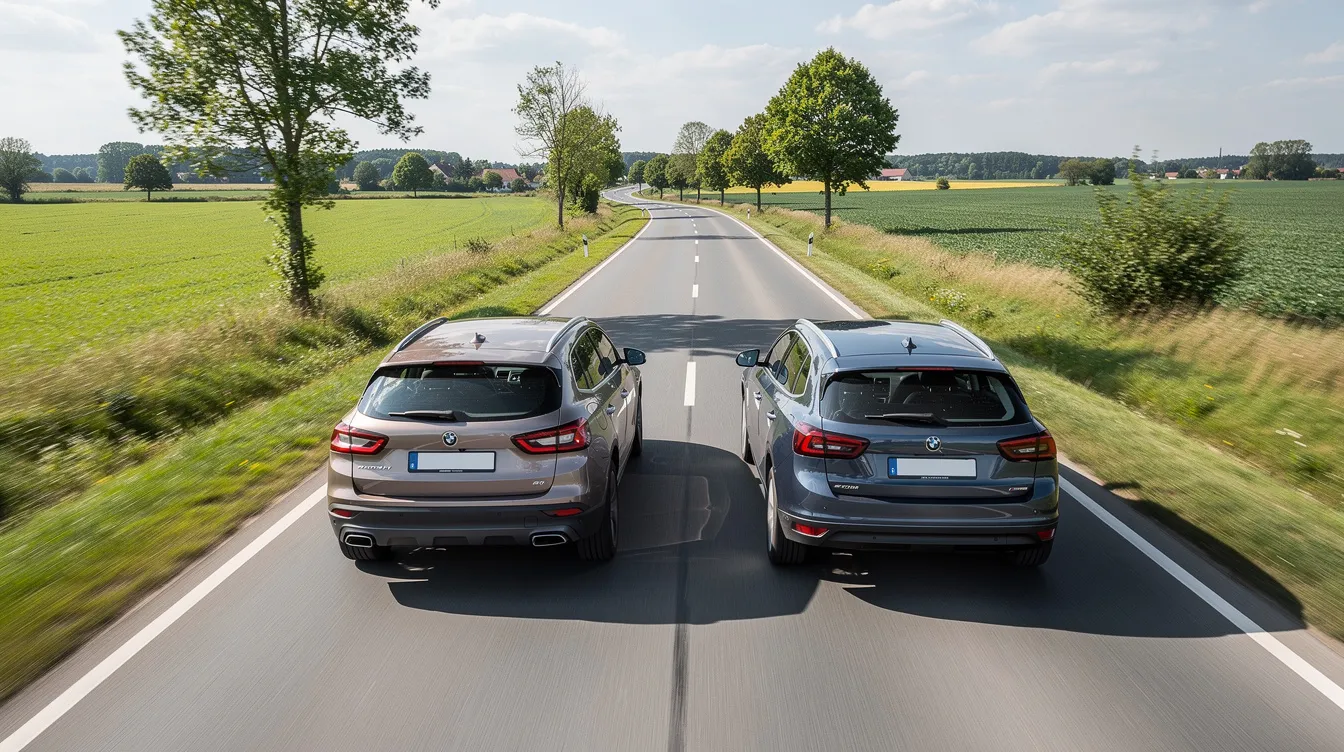 Auf der zweispurigen Landstraße sind zwei Autos zu sehen, wobei eines auf der Überholspur neben dem anderen fährt. Der Fahrer des überholenden Fahrzeugs muss darauf achten, dass seine Geschwindigkeit beim Überholvorgang wesentlich höher ist, um die Sicherheitsvorschriften im Straßenverkehr einzuhalten.