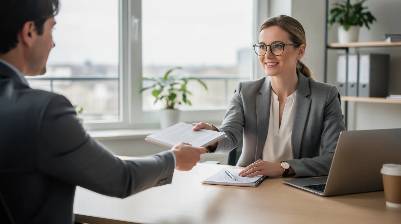 Eine Person reicht Dokumente über einen Schreibtisch an eine Beraterin, die Informationen zu Minijobs und Bürgergeld bereitstellt. Die Szene vermittelt den Austausch von wichtigen Unterlagen, die für die Beantragung von Sozialleistungen und die Klärung von Fragen zu Minijob und Bürgergeld erforderlich sind.