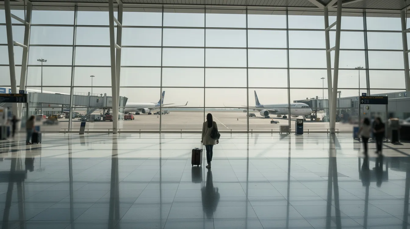Ein Reisender mit Handgepäck geht durch ein modernes Flughafenterminal, das große Glasfenster hat und einen Blick auf Flugzeuge bietet. Die Umgebung strahlt einen zeitgemäßen Reisekomfort aus, der ideal für Karteninhaber der American Express Gold Card ist, die von zahlreichen Vorteilen beim Reisen profitieren können.